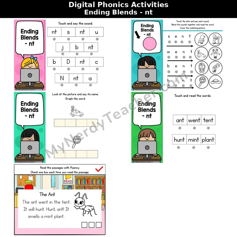 Ending Blends nt Phonics Intervention — Digital Blending & Decodable Passage
