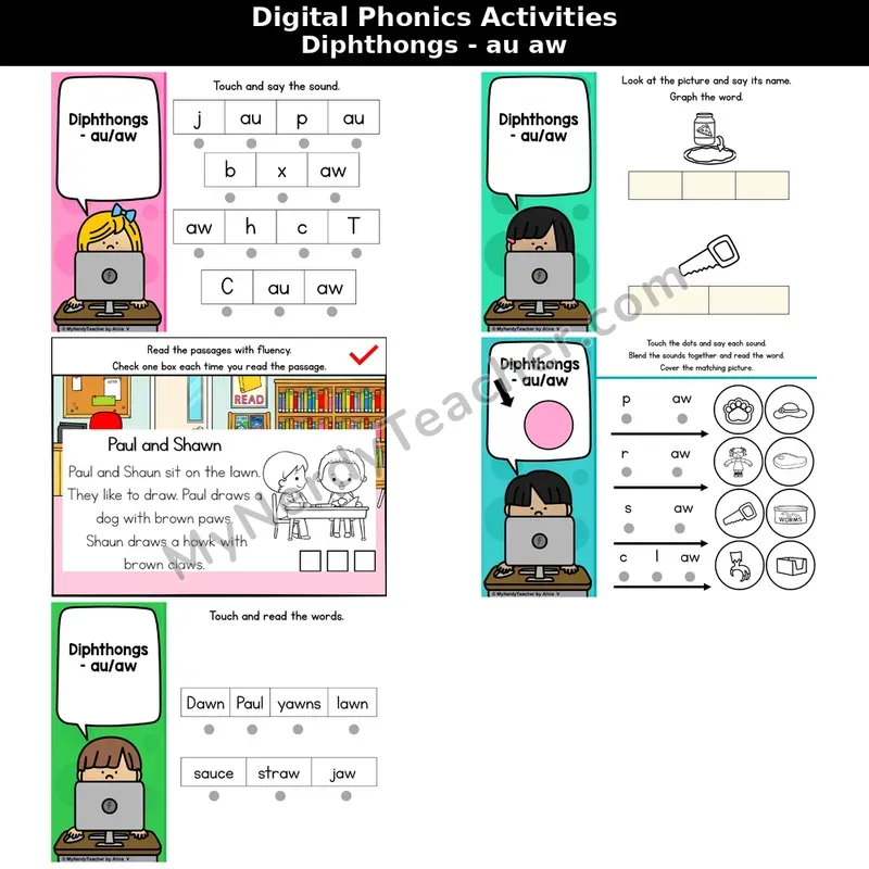 Vowel Team au, aw Phonics Intervention — Digital Blending & Decodable Passage