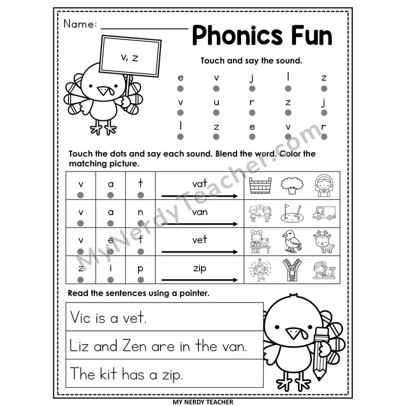 Letters V and Z Worksheet — Editable Thanksgiving Phonics Fun