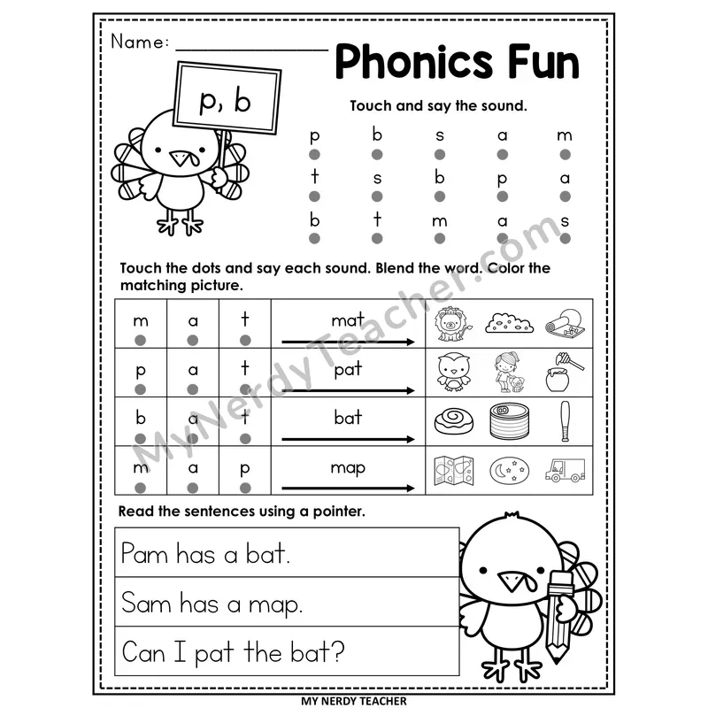 Letters P and B Worksheet — Editable Thanksgiving Phonics Fun