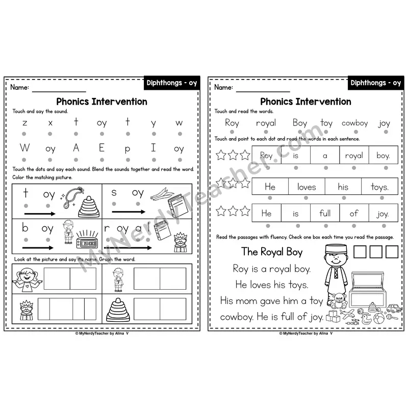 Diphthong oy Phonics Intervention — Printable Blending & Decodable Passage