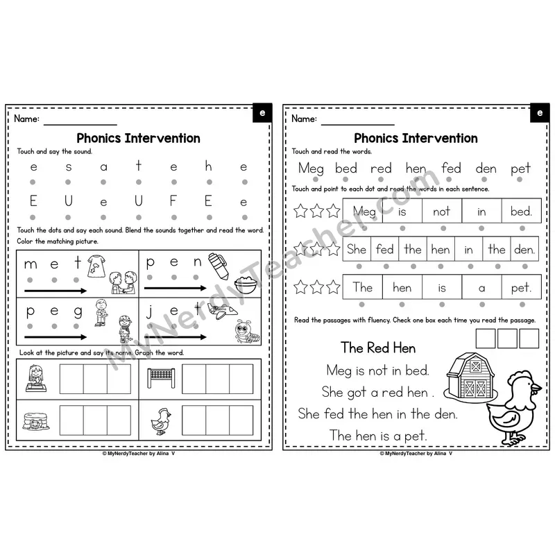 Letter E Phonics Intervention — Printable Blending & Decodable Passage
