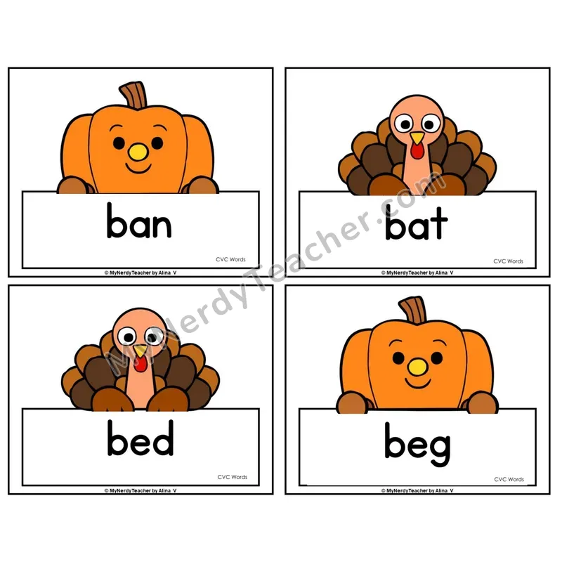 CVC Word Picture Cards — Thanksgiving Theme