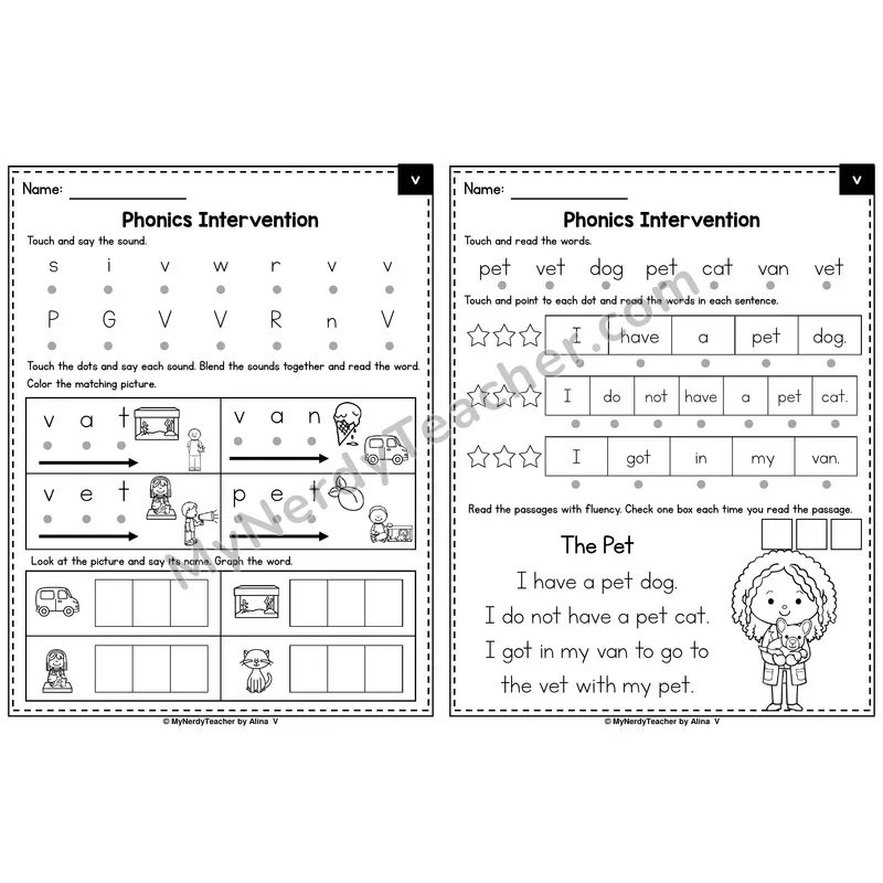Letter V Phonics Intervention — Printable Blending & Decodable Passage