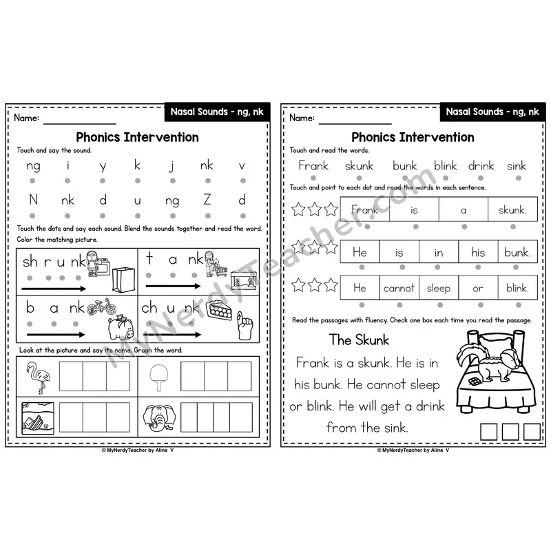 Nasal Sounds ng, nk Phonics Intervention — Printable Blending & Decodable Passage