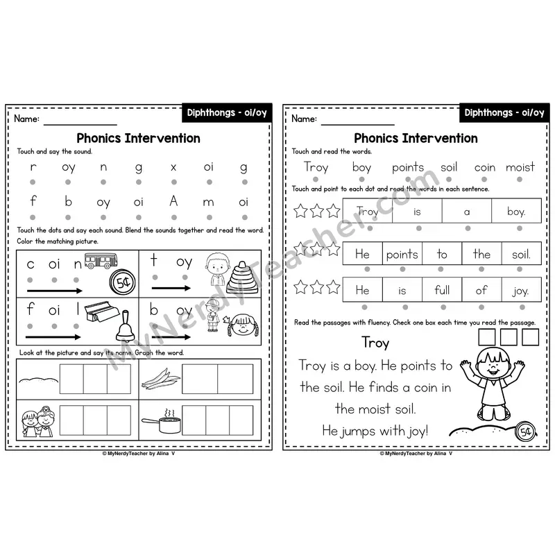 Diphthong oi, oy Phonics Intervention — Printable Blending & Decodable Passage