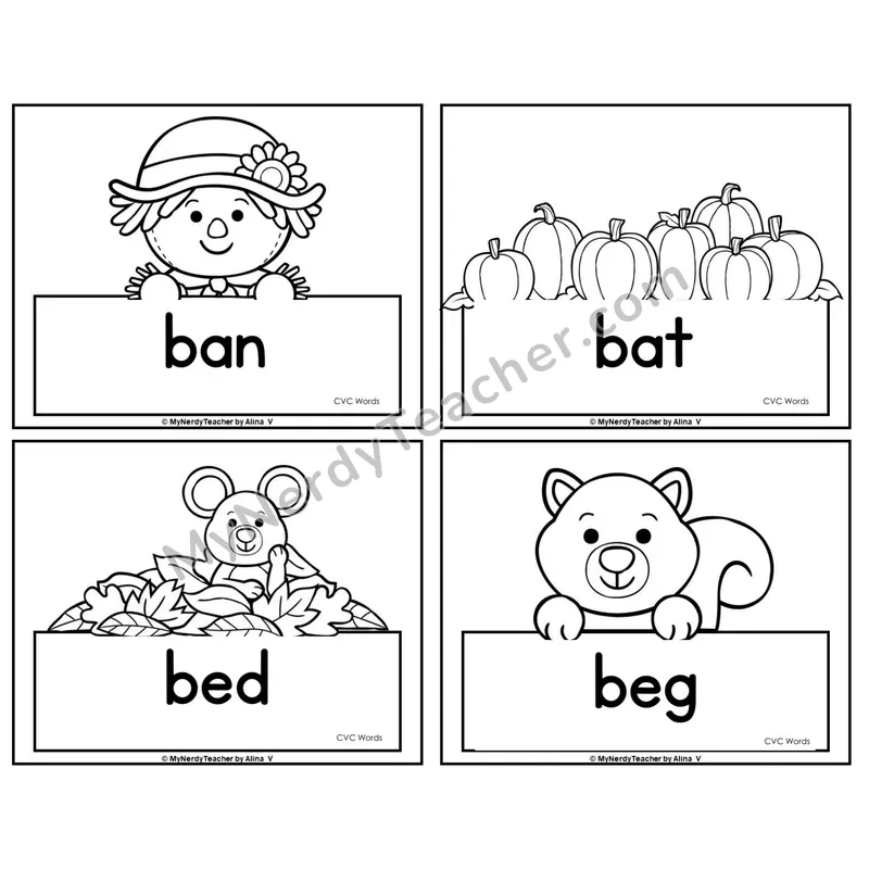 CVC Word Picture Cards — Fall (Black & White)