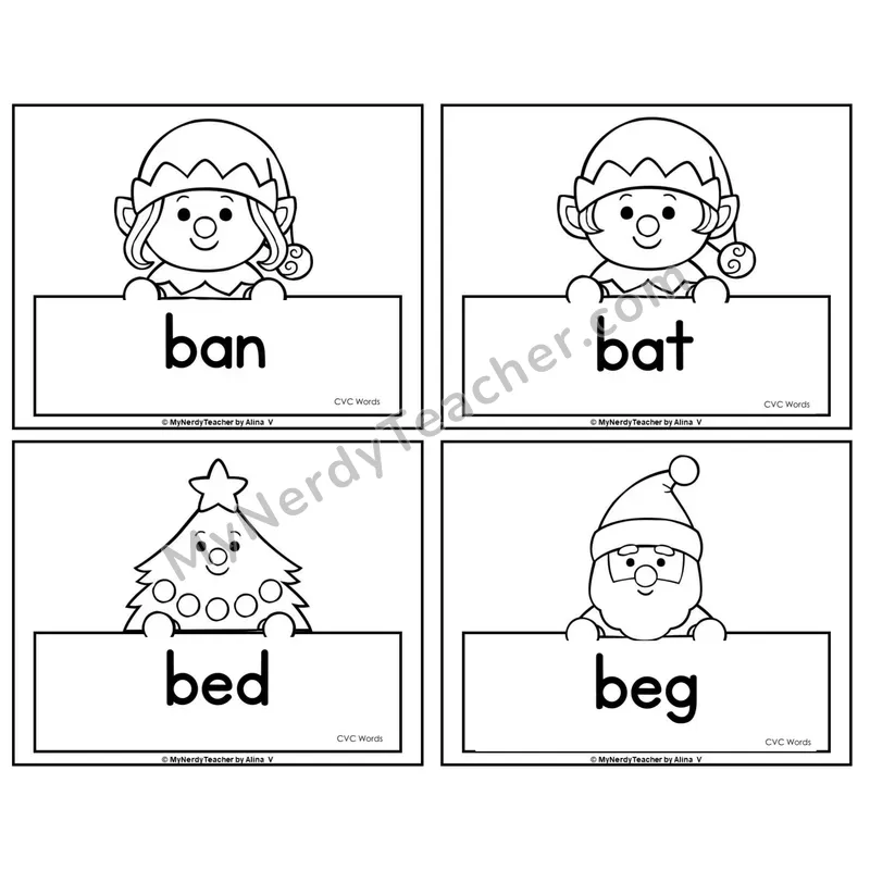 CVC Word Picture Cards — Christmas (Black & White)