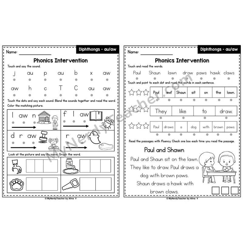 Vowel Team au, aw Phonics Intervention — Printable Blending & Decodable Passage