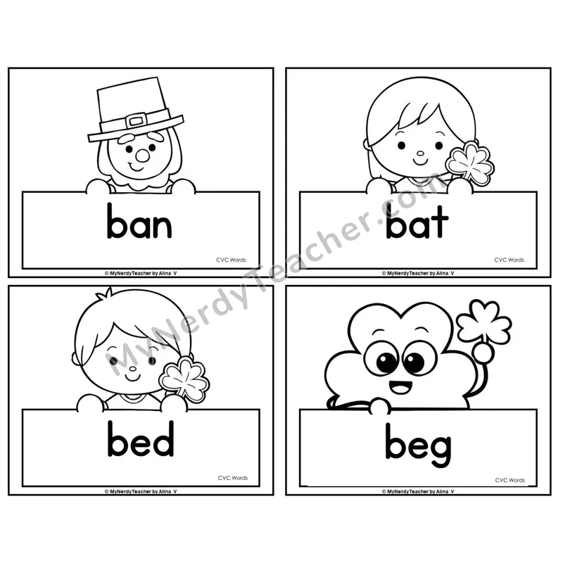 CVC Word Picture Cards — St. Patrick's Day (Black & White)