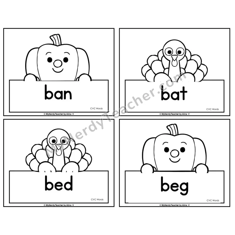 CVC Word Picture Cards — Thanksgiving (Black & White)