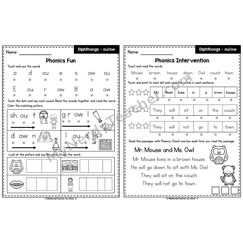 Diphthong ou, ow Phonics Intervention — Printable Blending & Decodable Passage