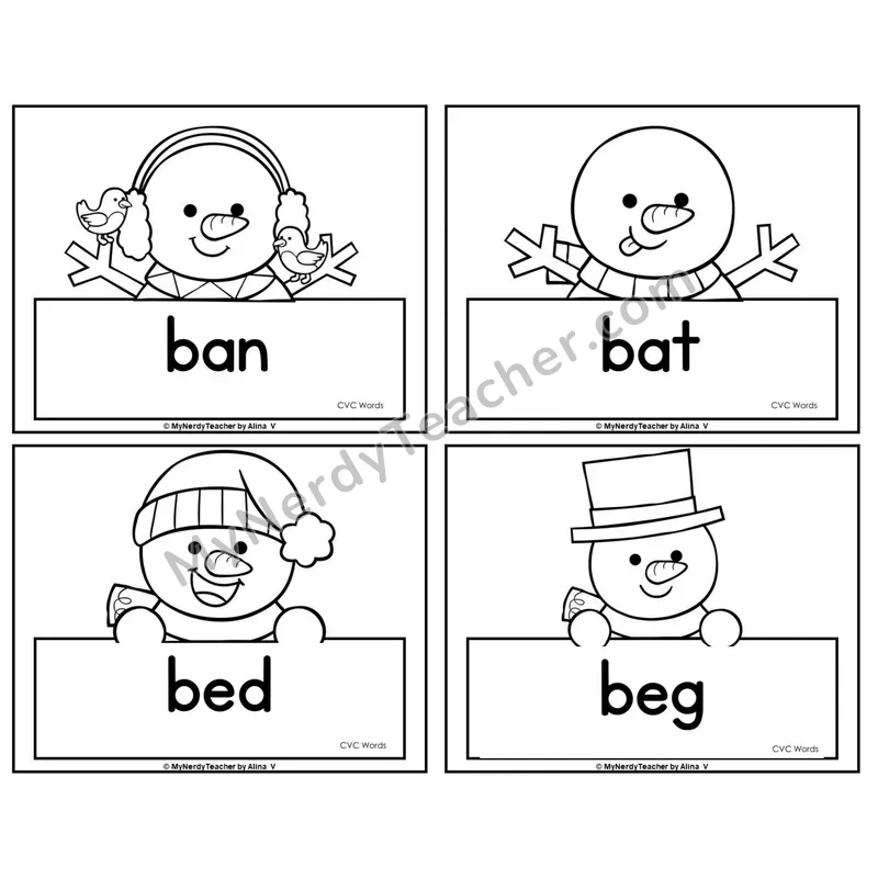 CVC Word Picture Cards — Winter (Black & White)