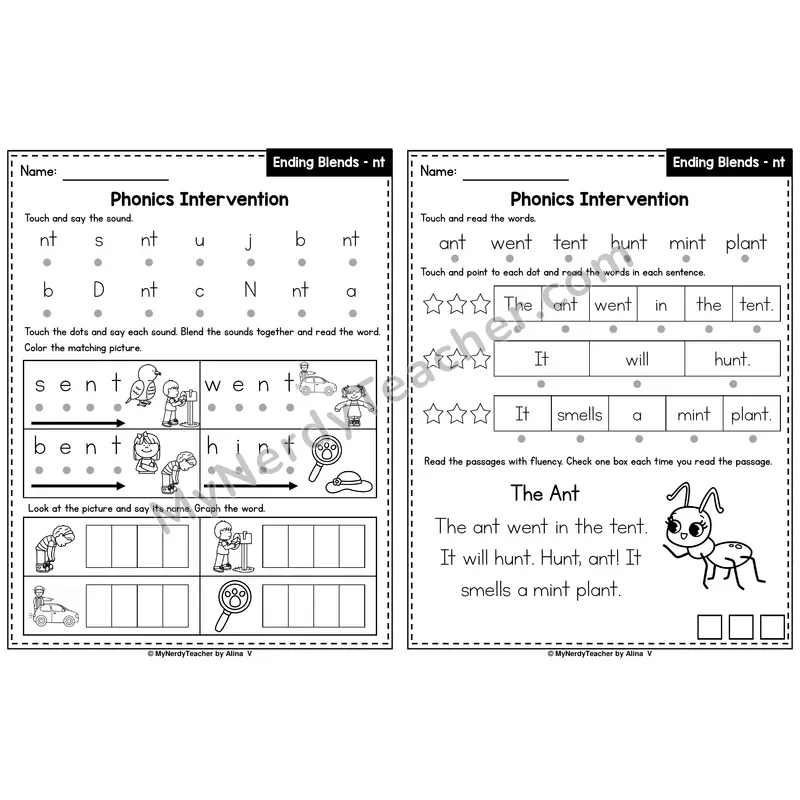 Ending Blends nt Phonics Intervention — Printable Blending & Decodable Passage