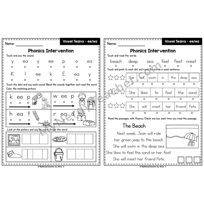 Vowel Team ee, ea Phonics Intervention — Printable Blending & Decodable Passage
