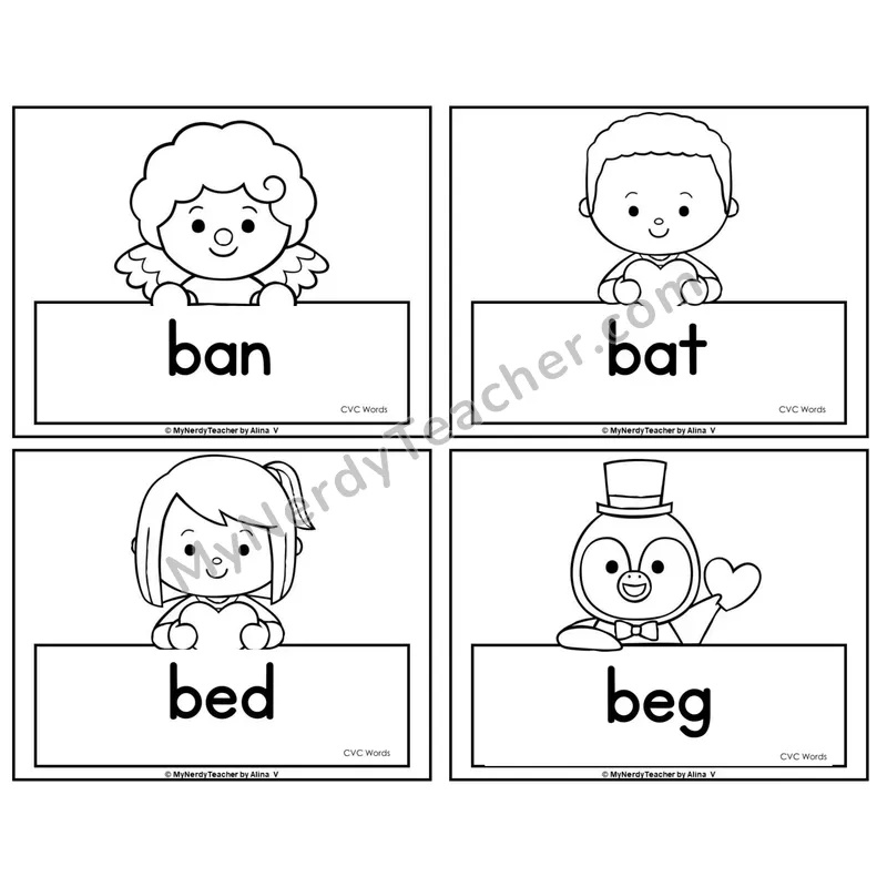 CVC Word Picture Cards — Valentine's Day (Black & White)