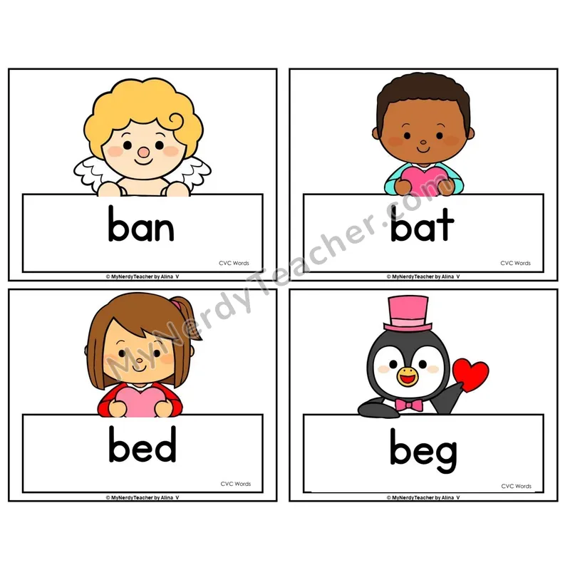 CVC Word Picture Cards — Valentine's Day Theme