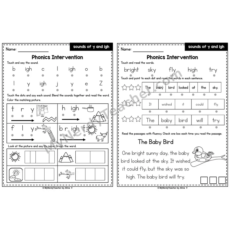 Y and igh as Long I Phonics Intervention — Printable Blending & Decodable Passage