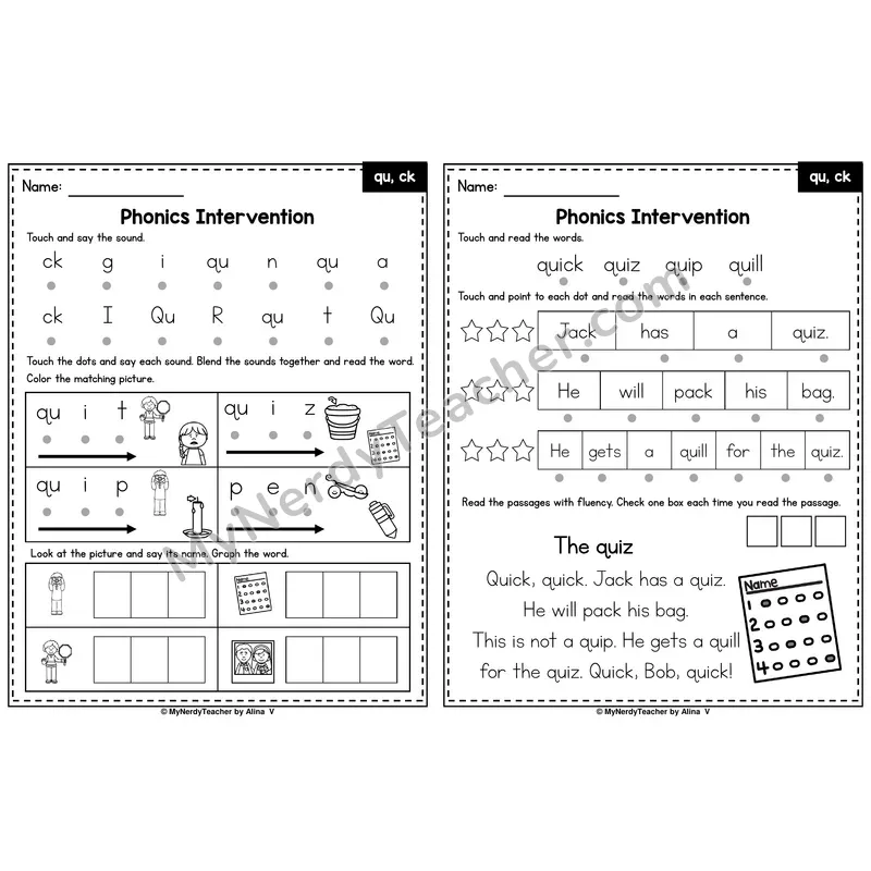 qu and ck Phonics Intervention — Printable Blending & Decodable Passage