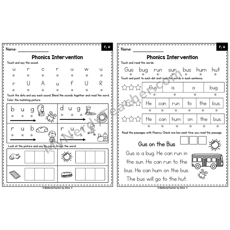 Letters R, U Phonics Intervention — Printable Blending & Decodable Passage