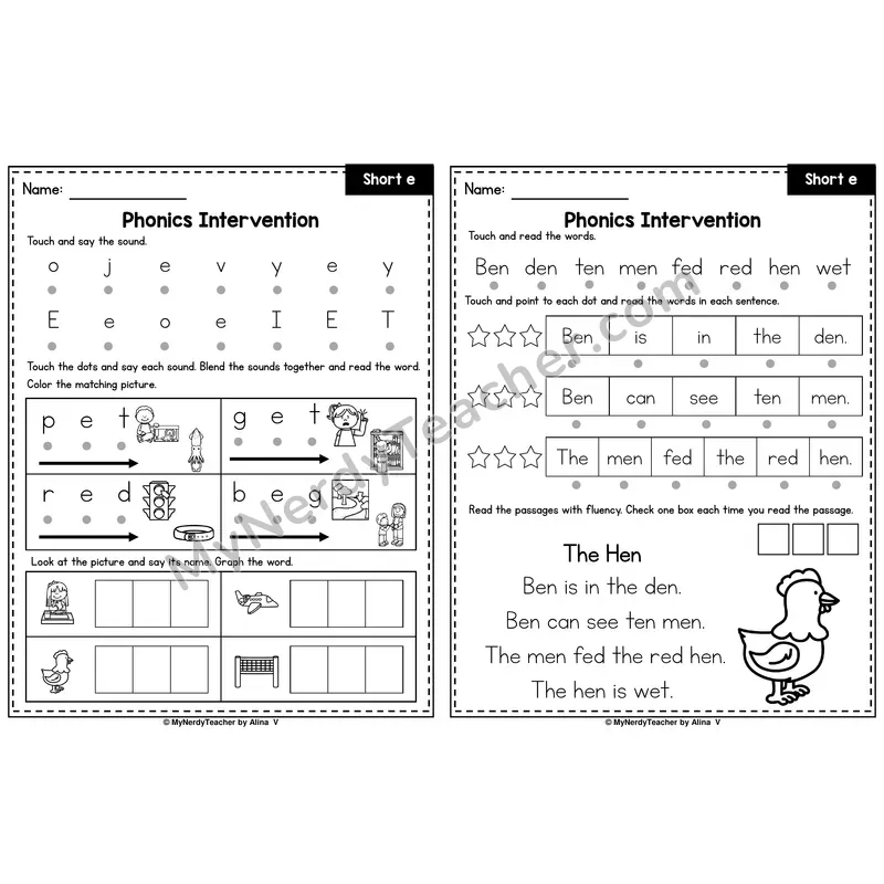Short E CVC Phonics Intervention — Printable Blending & Decodable Passage