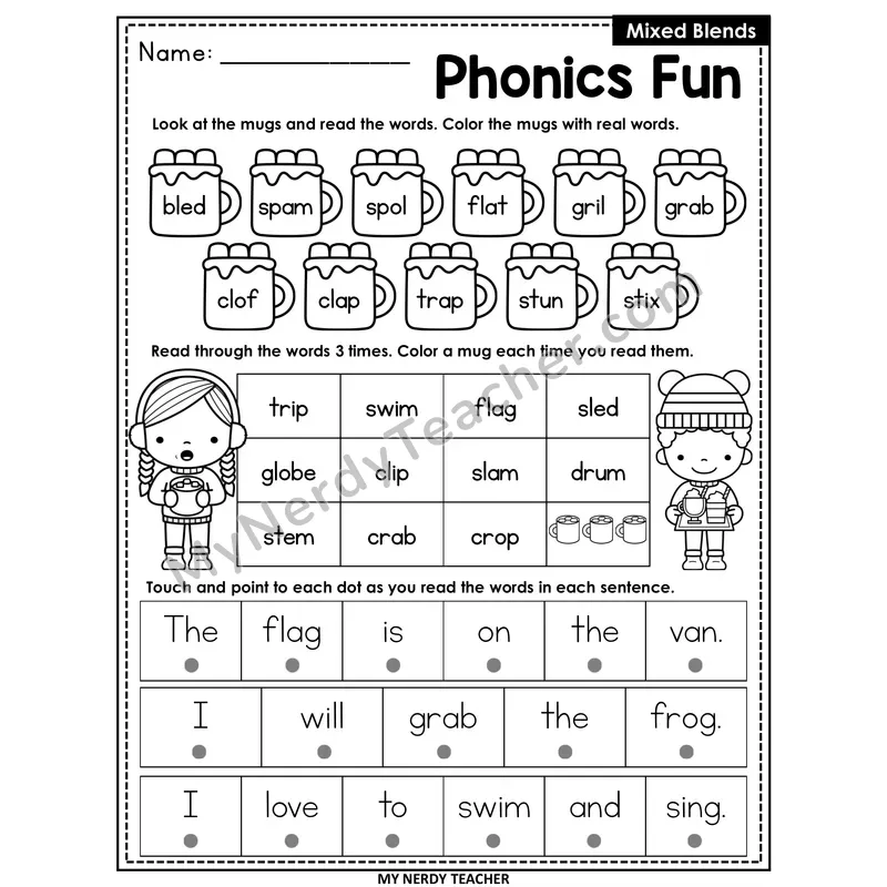 Mixed Blends Worksheet — Christmas & Winter Phonics Fun