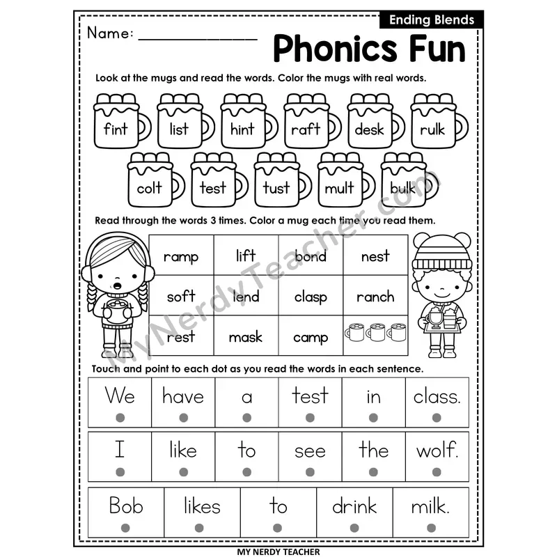 Ending Blends Worksheet — Christmas & Winter Phonics Fun