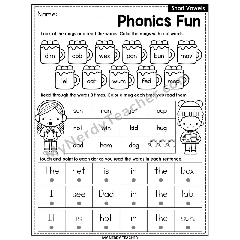 Short Vowels Review Worksheet — Christmas & Winter Phonics Fun