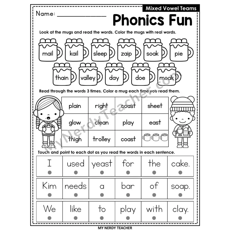 Mixed Vowel Teams Worksheet — Christmas & Winter Phonics Fun