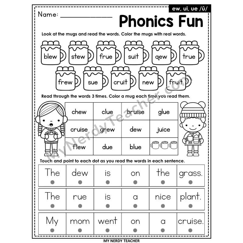 Vowel Teams ew, ui, ue Worksheet — Christmas & Winter Phonics Fun