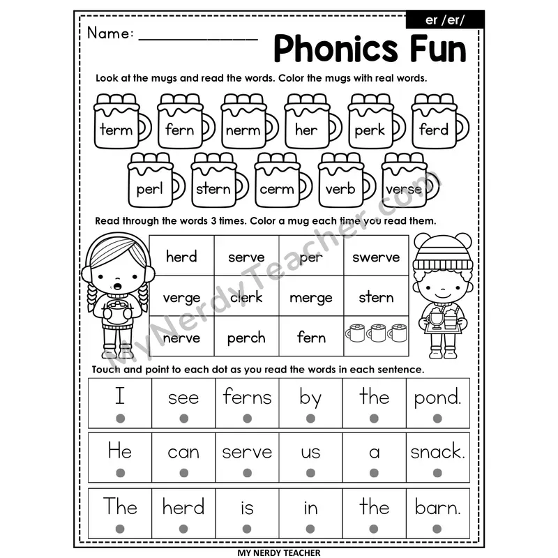 R-Controlled er Worksheet — Christmas & Winter Phonics Fun