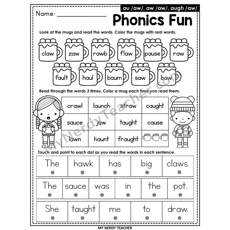 Vowel Teams au, aw, augh Worksheet — Christmas & Winter Phonics Fun