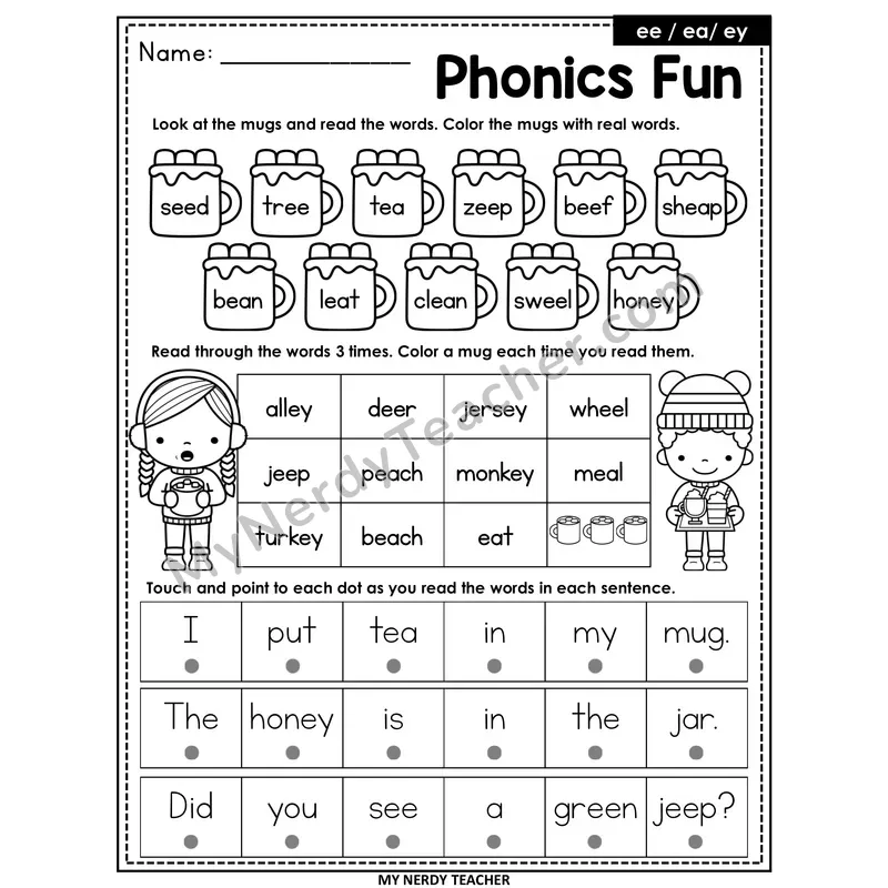 Vowel Teams ee, ea, ey Worksheet — Christmas & Winter Phonics Fun