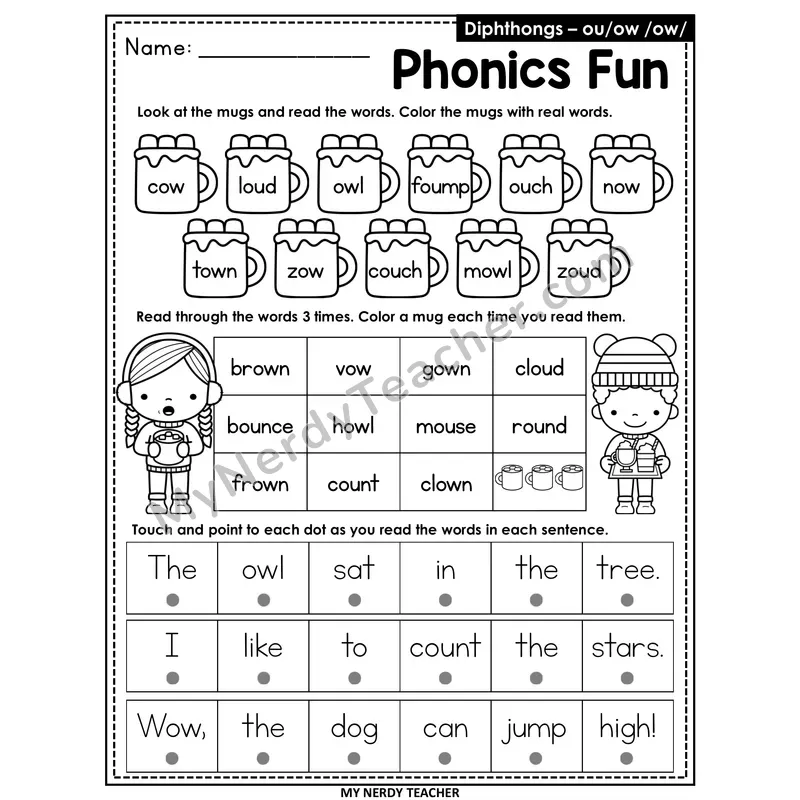 Diphthong ou, ow Worksheet — Christmas & Winter Phonics Fun