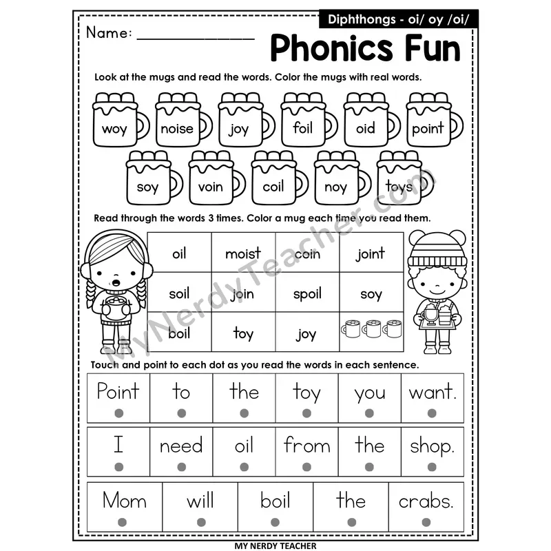 Diphthong oi, oy Worksheet — Christmas & Winter Phonics Fun