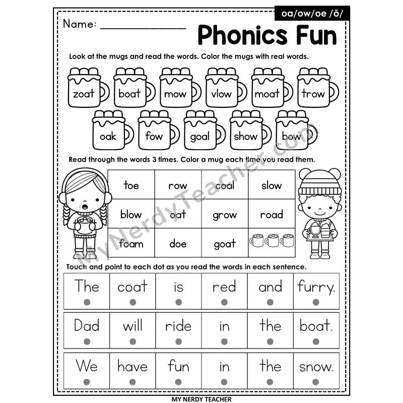 Vowel Teams oa, ow, oe Worksheet — Christmas & Winter Phonics Fun