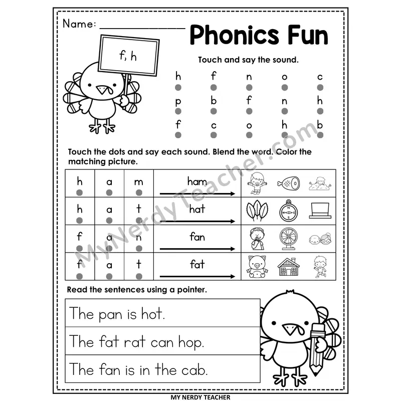 Letters F and H Worksheet — Printable Thanksgiving Phonics Fun