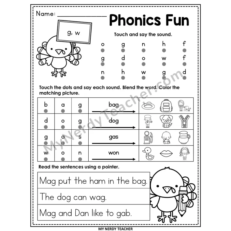Letters G and W Worksheet — Printable Thanksgiving Phonics Fun