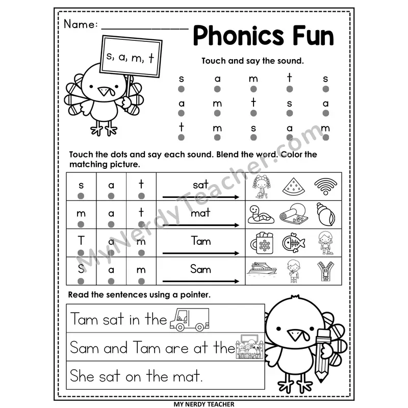 Letters S, A, M, T Worksheet — Printable Thanksgiving Phonics Fun