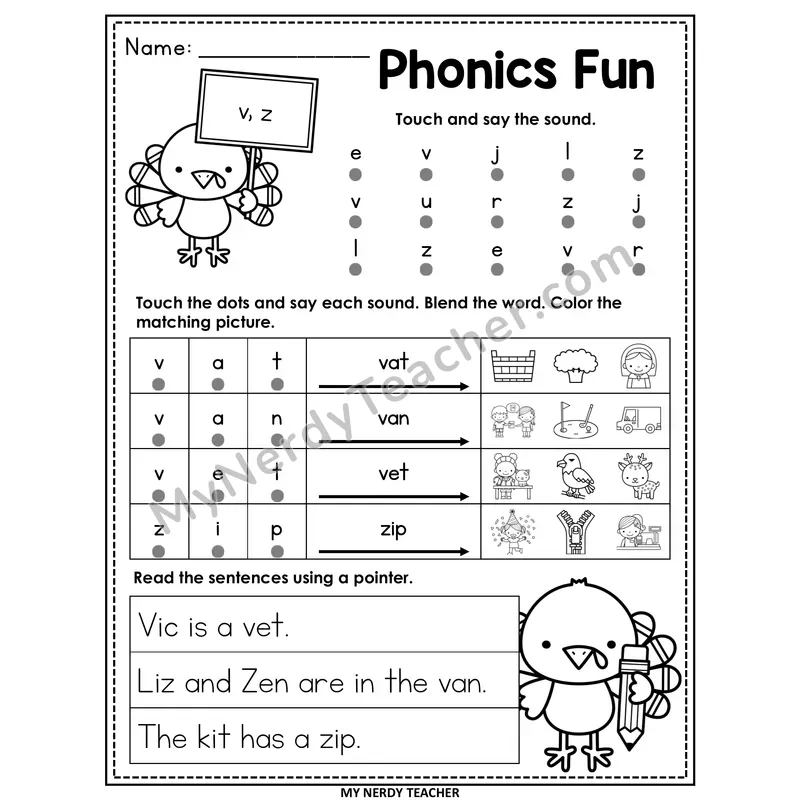 Letters V and Z Worksheet — Printable Thanksgiving Phonics Fun