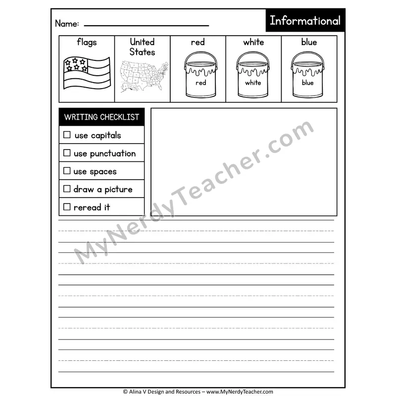 Writing Prompts Informational — Flags Patriotic (Draw & Write, May)