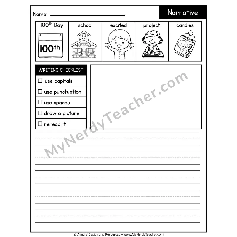 Writing Prompts Narrative — 100th Day of School (Draw & Write, February)