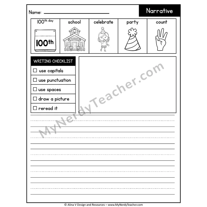 Writing Prompts Narrative — 100th day of school (Draw & Write, January)