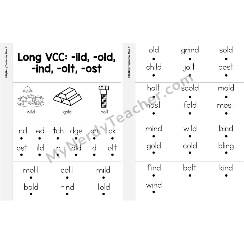 Long VCC (-ild, -old, -ind, -olt, -ost) Fluency Strips — Word Reading