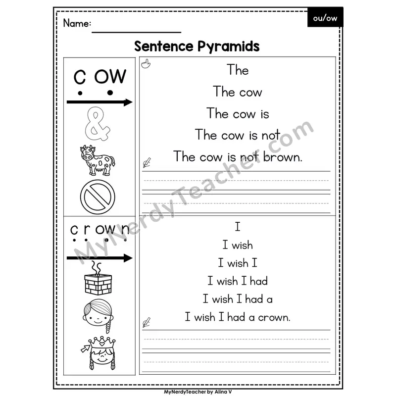 Diphthongs ou, ow /ow/ Sentence Pyramids — Editable PowerPoint