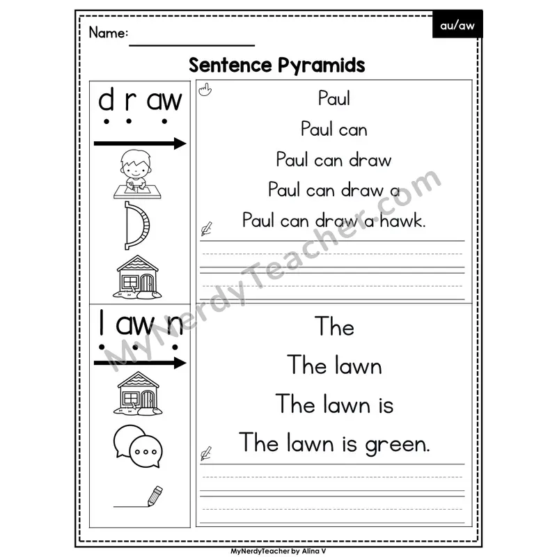 Vowel Teams au, aw /aw/ Sentence Pyramids — Editable PowerPoint