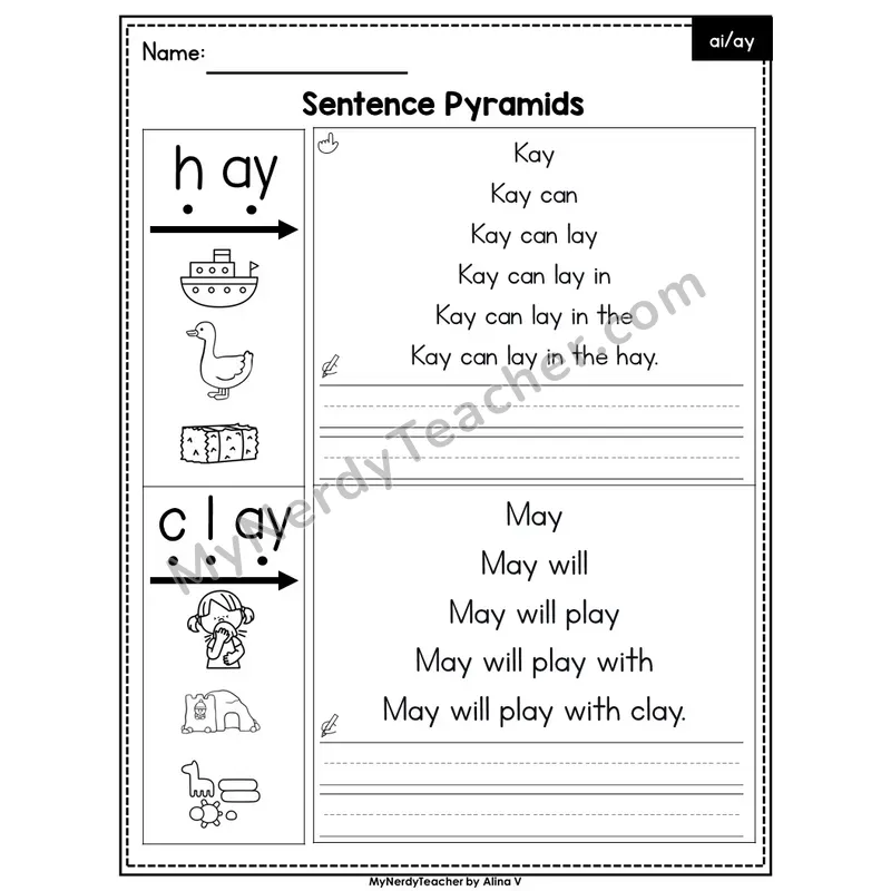 Vowel Teams ai, ay /ā/ Sentence Pyramids — Editable PowerPoint