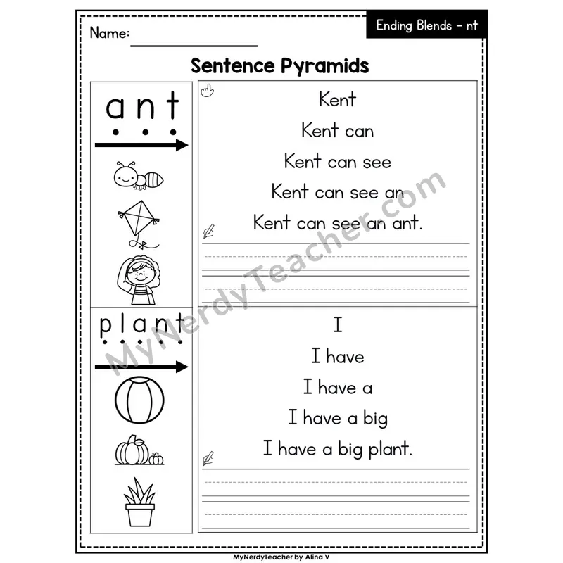 Ending Blend -nt Sentence Pyramids — Editable PowerPoint
