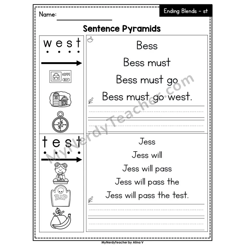 Ending Blend -st Sentence Pyramids — Editable PowerPoint