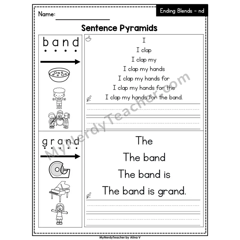 Ending Blend -nd Sentence Pyramids — Editable PowerPoint